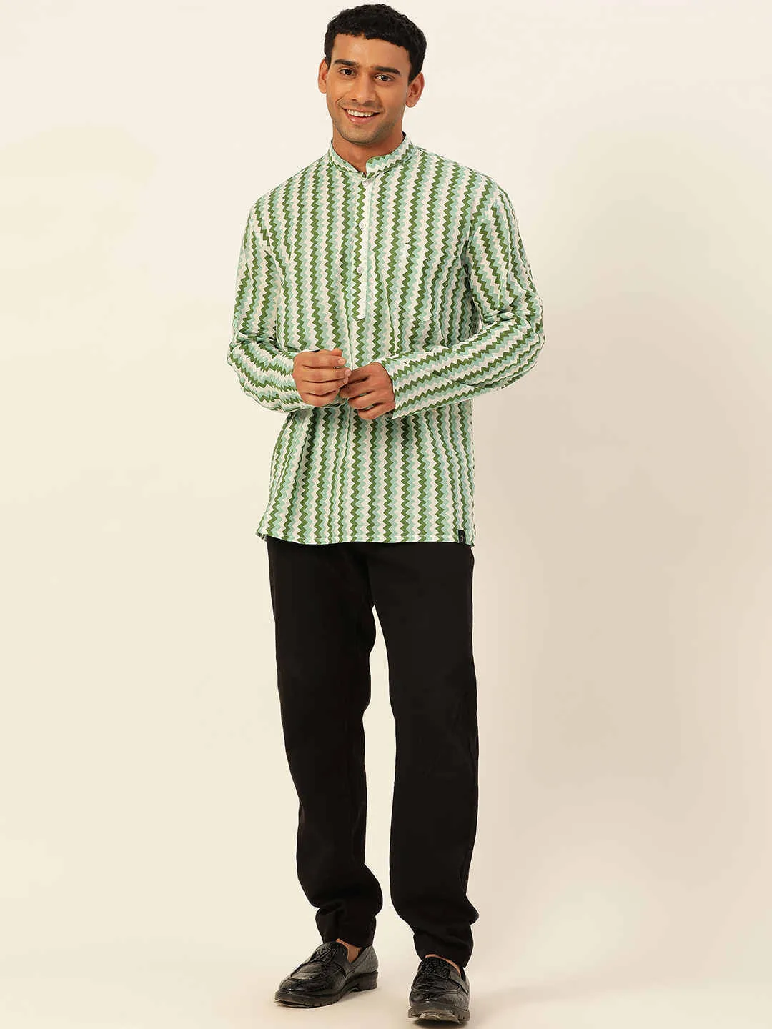 Premium White & Green Zig Zag Handblock Printed Short Kurta