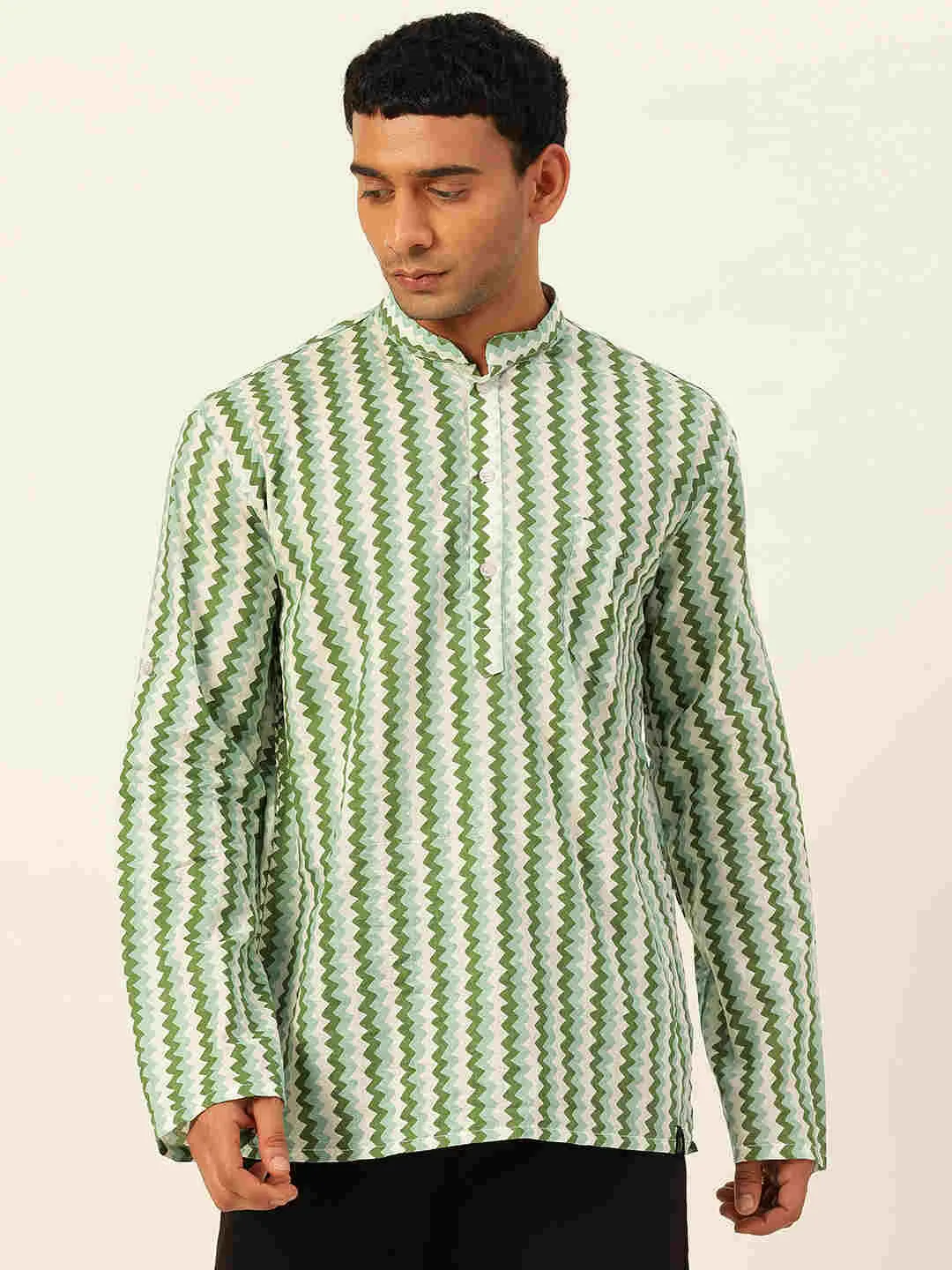 Premium White & Green Zig Zag Handblock Printed Short Kurta