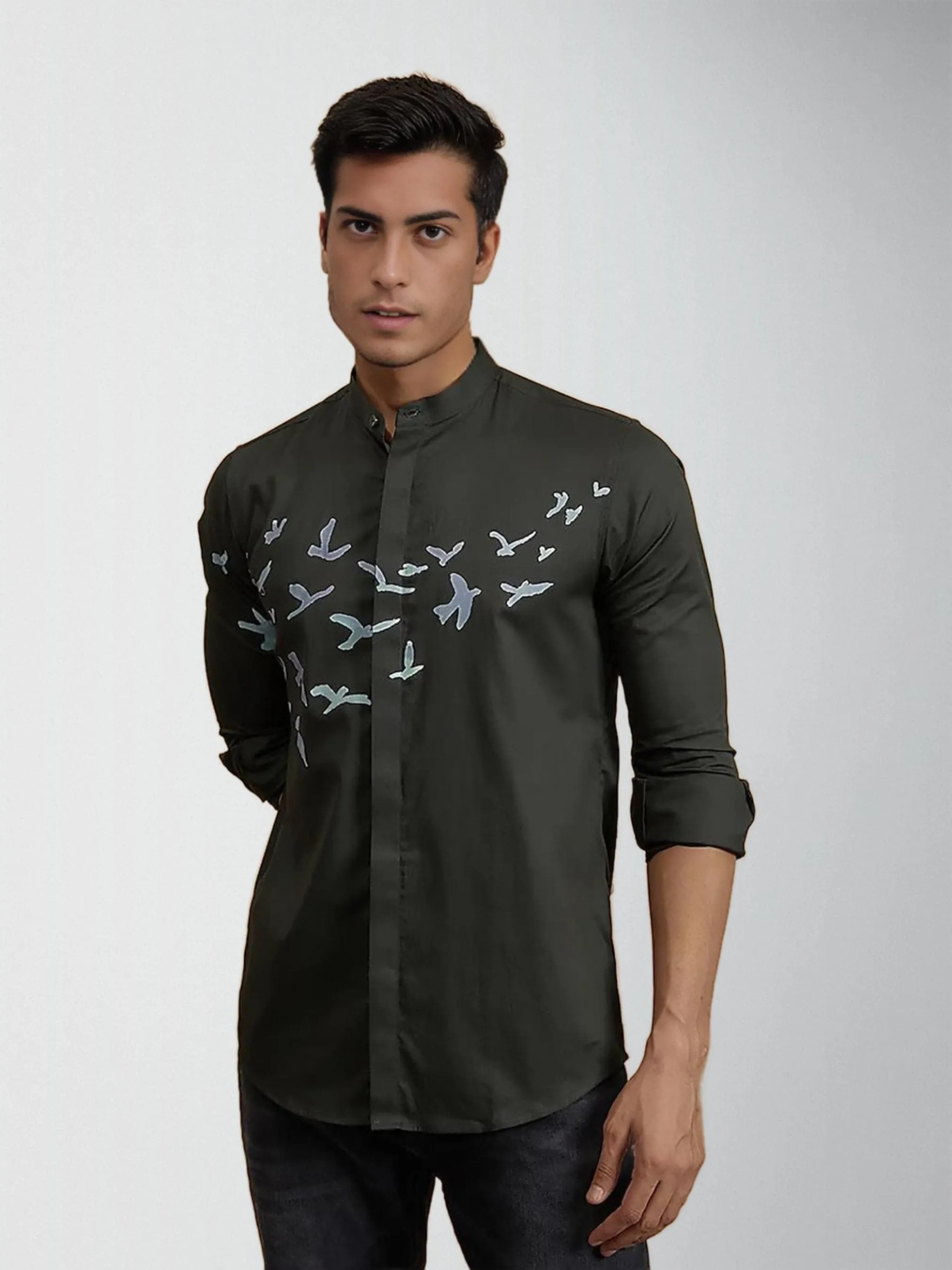 Printed Band Collar Cotton Casual Shirt