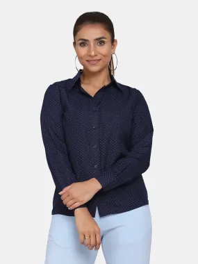 Printed Collared Formal Shirt for Women - Navy Blue