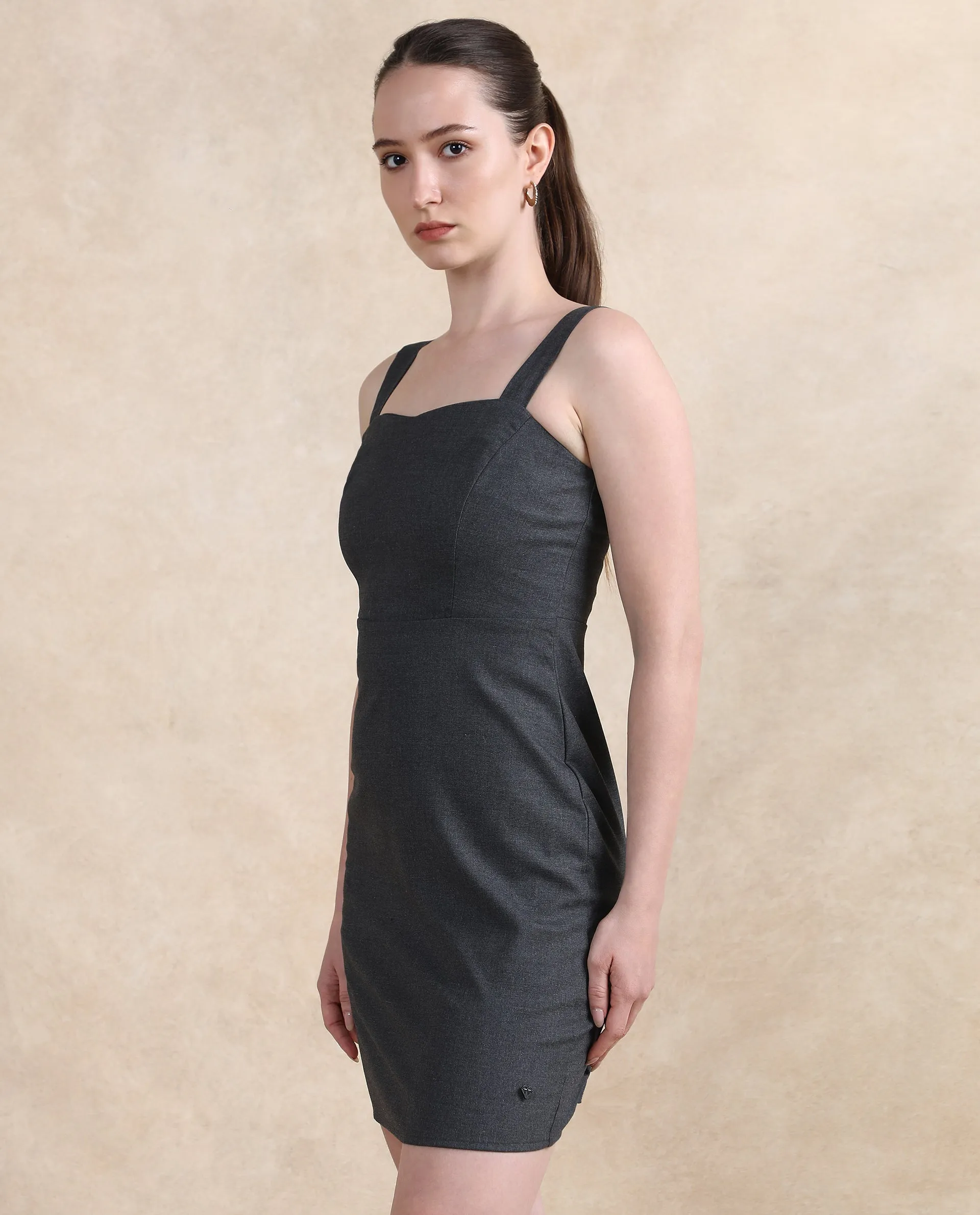 Rareism Women Canakkale Grey Sleeveless Sweetheart Neck Zipper Closure Straight Fit Knee Length Plain Dress