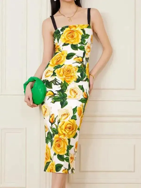 Retro Floral Drop Shoulder Halter Dress