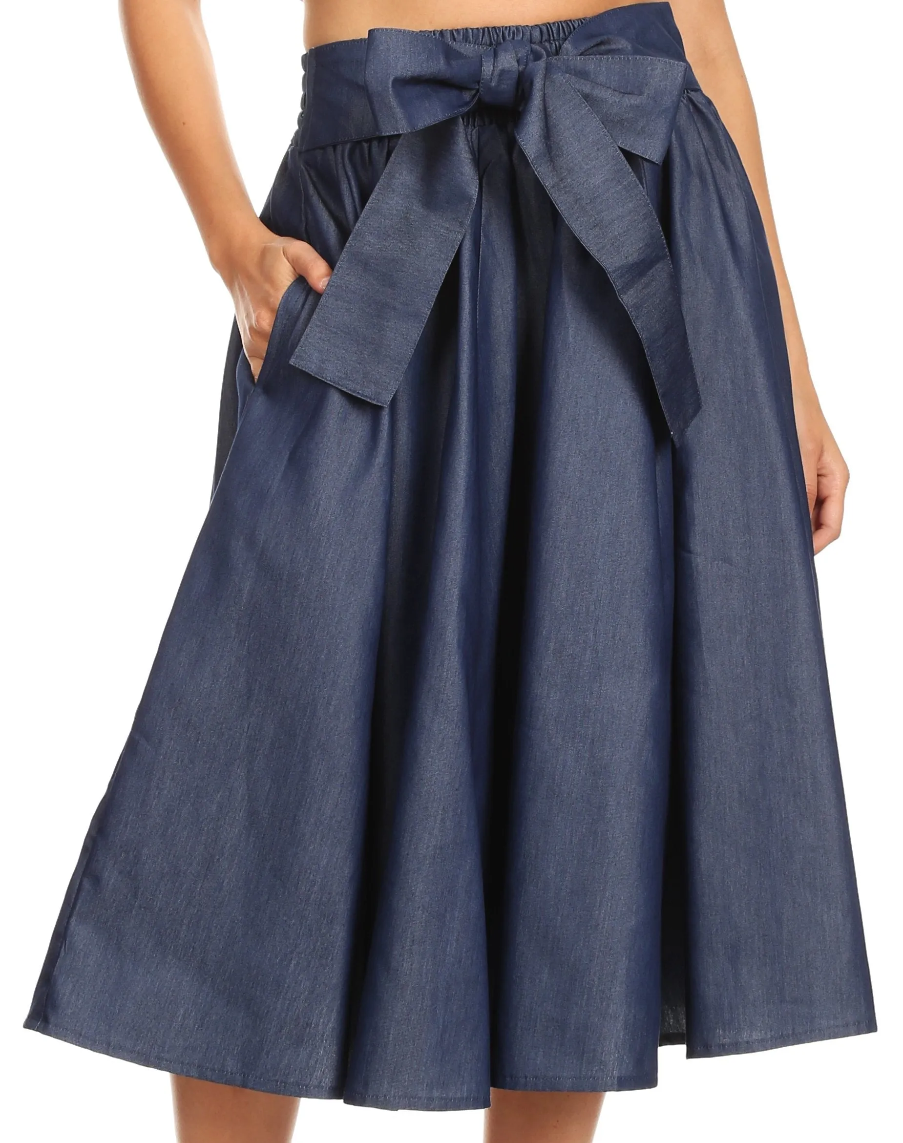 Sakkas Atieno Flared Circle Chambray  Boho Mid Skirt with Elastic Waist