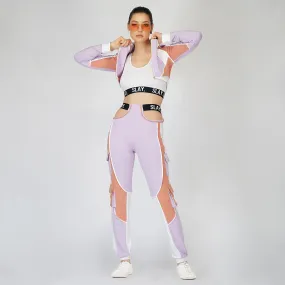 SLAY. Women's Activewear Tracksuit Lilac/Lavender Colorblock Crop Jacket &  High Waist Cargo Pants Co-ord Set