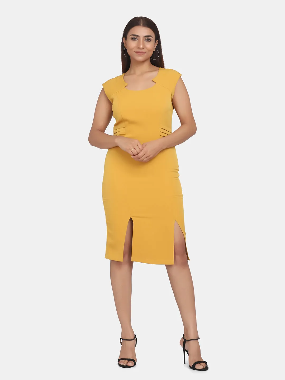 Stretch Formal Evening Dress - Mustard Yellow