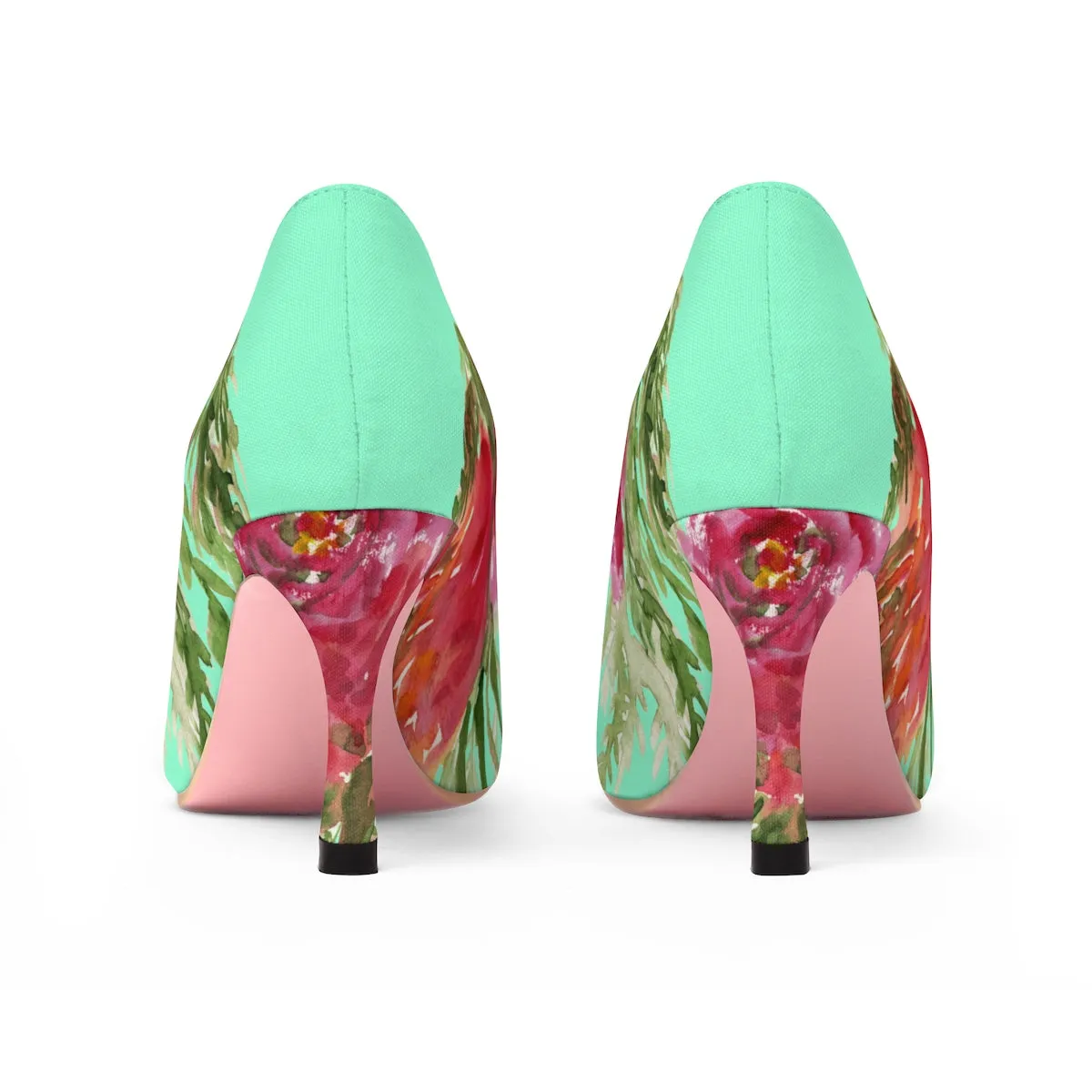 Turquoise Blue Wedding Heels, Red Rose Floral Print Women's 3" High Heels Pumps Shoes