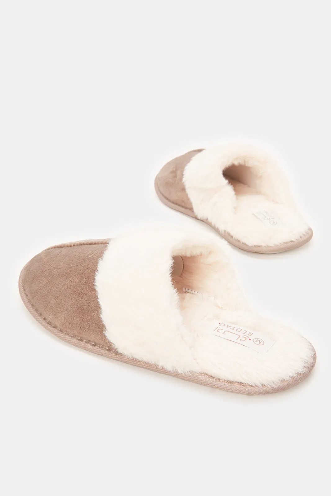 Women Brown And Beige Fur Trim Slipper