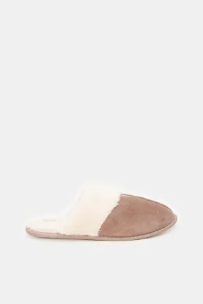 Women Brown And Beige Fur Trim Slipper