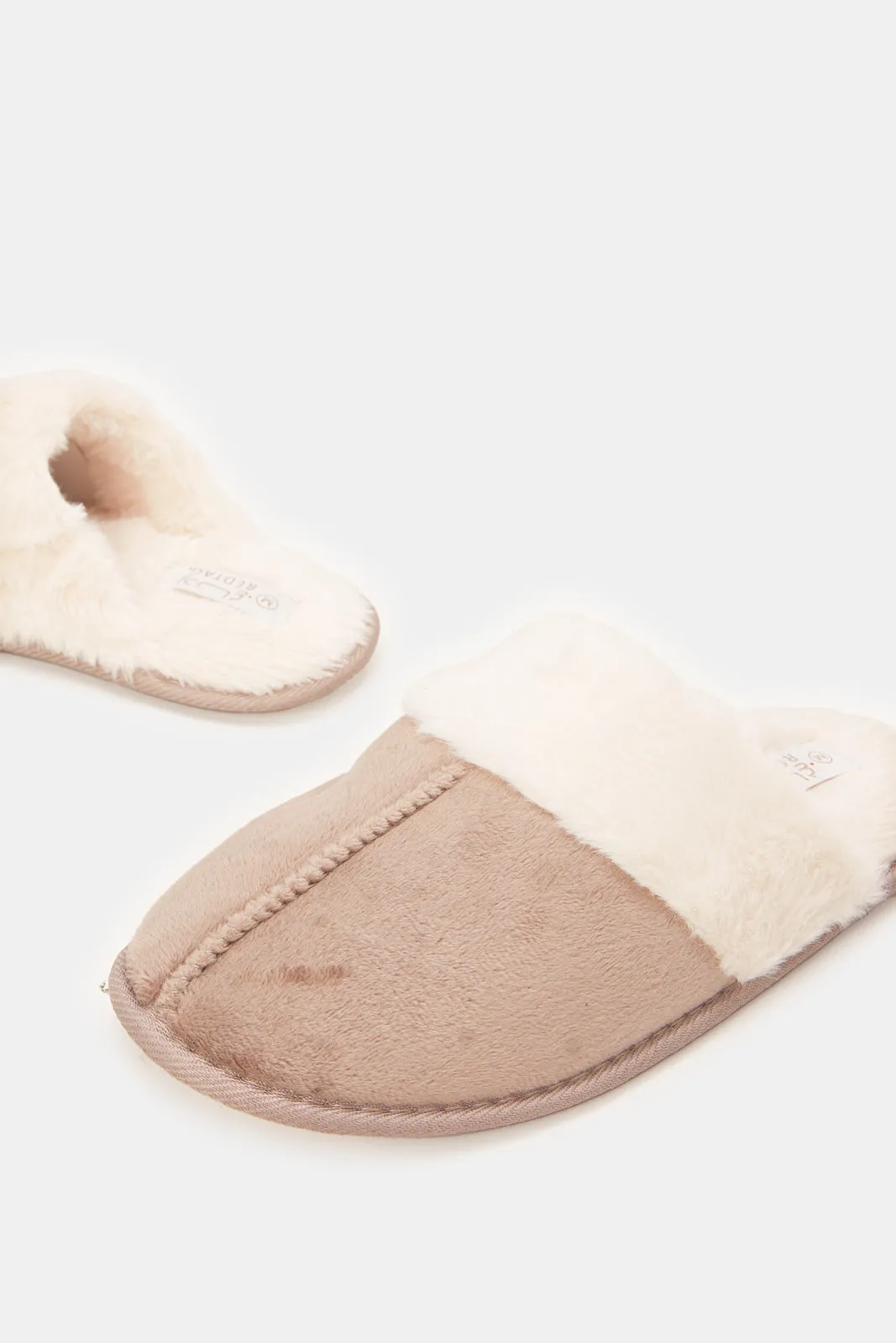 Women Brown And Beige Fur Trim Slipper