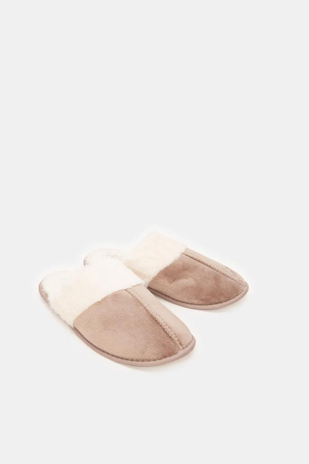 Women Brown And Beige Fur Trim Slipper