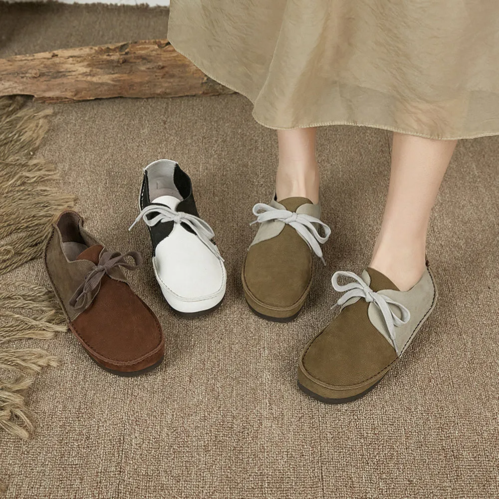 Women Retro Color-Block Lace-up Flat Shoes