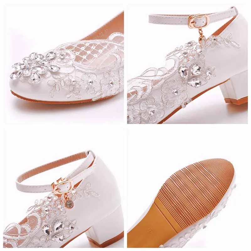 Women Square Toe White Chunky Sandals Bridal White Lace Wedding Shoes