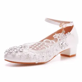 Women Square Toe White Chunky Sandals Bridal White Lace Wedding Shoes