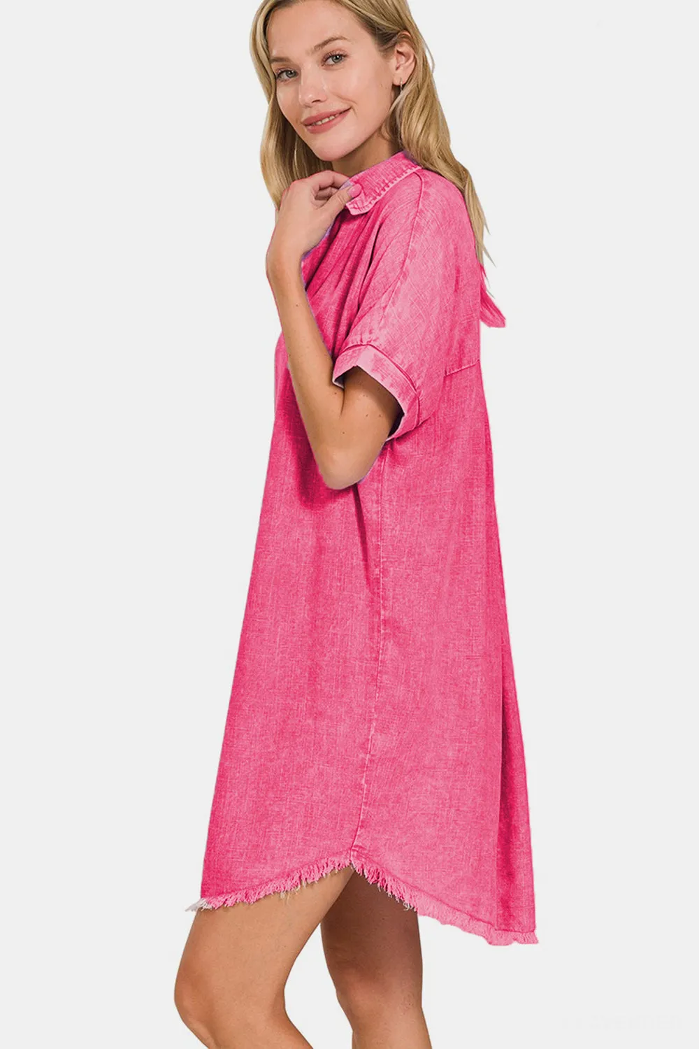 Zenana Pink Linen Distressed Dress